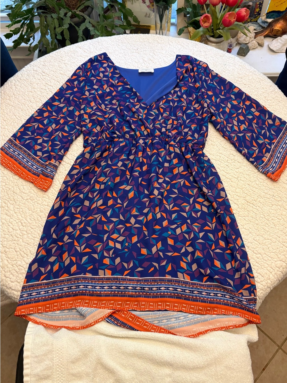 Everly Navy Geometric Print Dress with Orange Trim